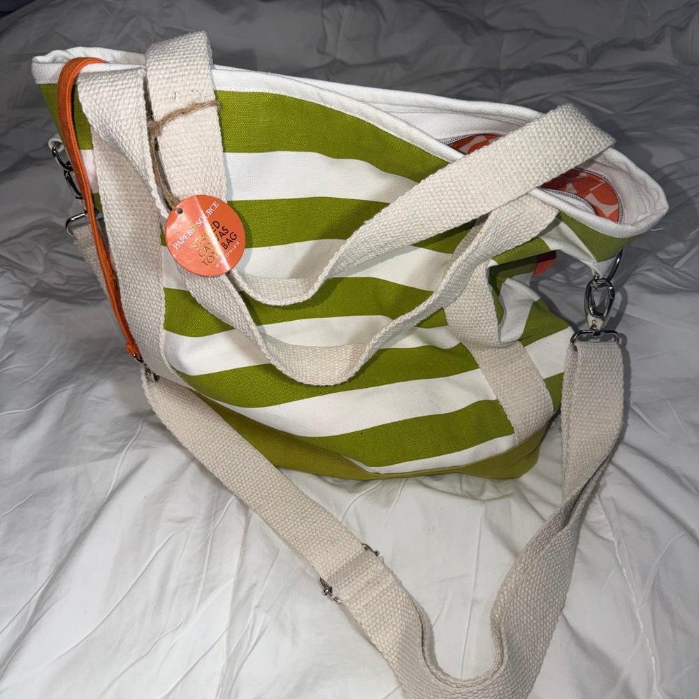 Paper Source Striped Canvas Tote Bag Green Blue Orange Ric-Rac Crossbody NWT